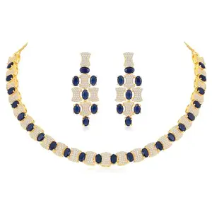 Peora Gold Plated Cubic Zirconia & Blue Crystal Studded Necklace & Dangle Earring Contemporary Jewellery Set for Women