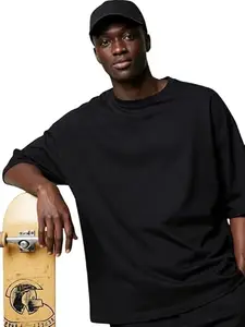 SMAN Men's Oversized T-Shirt – 190 GSM Cotton Round Neck Half Sleeve Tee | Drop Shoulder, Baggy Fit, Solid Casual Wear (Available in Black & White)(OVR-SD-146-BLK-L)