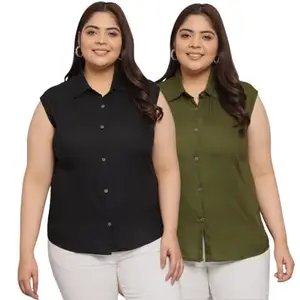 FUNDAY FASHION Women Plus Size Solid Casual Sleevesless Shirt (Pack of 2) (in, Alpha, 5XL, Regular, Black & Green)