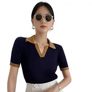 London Hills Women Ribbed Knit Polo Neck Top Slim Fit Crop & Regular Length T-Shirt Style Top Stretchable Polo Neck Top Sleeveless & Short Sleeve Slim Fit T-Shirt Casual Summer Wear for Women & Girls