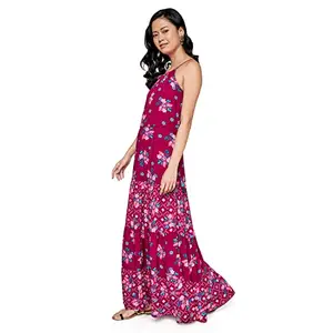 Global Desi Women's Viscose Fit and Flare Long Length Dress (FW22GA9008MXRY_Wine_S)