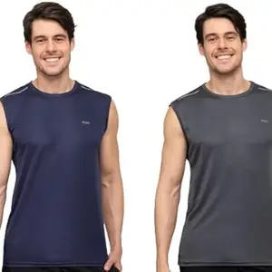 Xohy Men Polyester Lycra Gym Tank Tops Sleeveless Sports Vest | Round Neck Muscle Vest Pack of 2 - Navy & Dark Grey