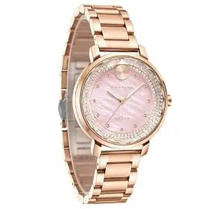 Giordano Arias Lara Dutta Signature Collection Analog Quartz Watch for Women with Mother-of-Pearl Cut Glass Dial, Crystal-Studded Ring, Luminous Hands and Stainless Steel Strap