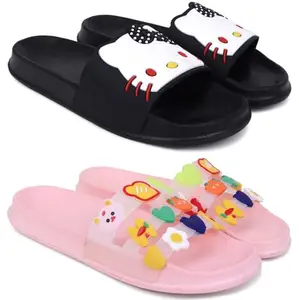 Pampy Angel Combo Pack of 2 Slipper/Flip Flops/Slides for Women,(Kitty-Black,MixVeg-Pink),39 (Euro)