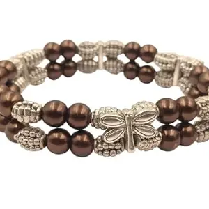 Brown Double Layer Beaded Bracelet with Silver Dragonfly Spacers | Handmade Unisex Kada for Men & Women | Fashionable Ethnic & Modern Fusion Jewelry