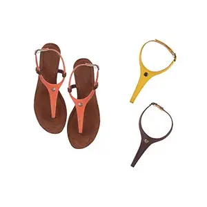 Cameleo -changes with You! Cameleo -changes with You! Women's Plural T-Strap Slingback Flat Sandals | 3-in-1 Interchangeable Leather Strap Set | Orange-Yellow-Brown