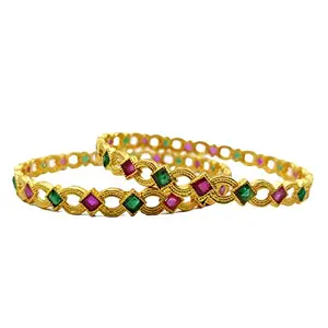 CHOICE Gold Plated Brass Bangles with Ruby and Emerald Stones for Women and Girls (Unqiue, 2.10")