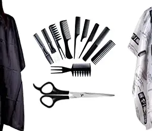 De-Ultimate Combo Of Professional Hair Styling Combs And Scissors Set With Black And Printed Unisex Nylon 2 pcs Hair Cutting Sheet Hairdressing Gown Cape Barber Cloth Makeup Apron