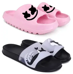 Pampy Angel Combo Pack of 2 Slipper/Flip Flops/Slides for Women,(YW-Smat-Pink,Dolphin-Black),38 (Euro)