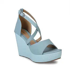 Shoeshion Women's Buckle Closer, TPR Sole, Strapy Slingback Wedges Sandal For Office Party & Occasions. (Sky Blue, numeric_7)