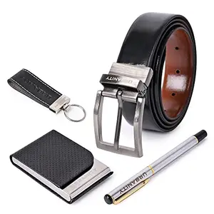 URBANITY 4-in-1 Corporate Gift Set | Men's Leather Wallet Belt Key Ring Pen Combo (Brown)