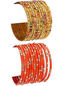 Somil Modern And Colorful Glass Bangle/Kada- Perfect For Wedding, Party, Celebrations And Functions, Combo Of 2 Set, Each Set In 12 Bangles, Multicolor, Orange - O5