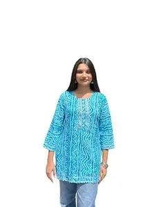 KEERRAZ Women's Rayon Bandhej/Bandhani Short Kurta with Lace Work,3/4 Sleeves, Round Neck