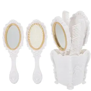 Beavorty 5pcs Vintage Hand Mirror Comb Set Makeup Vanity Mirror Comb Hair Brush Set Detangling Hair Brush Rat Tail Comb with Comb Holder White