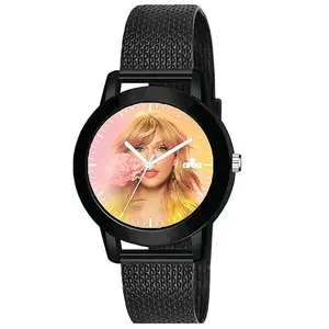 AROA Watch for Ladies Womens with Taylor Swift with Flower Model :1001 in Black Metal Type Rubber Analog Watch Pink Dial for Women Stylish Ladies Watch for Girls