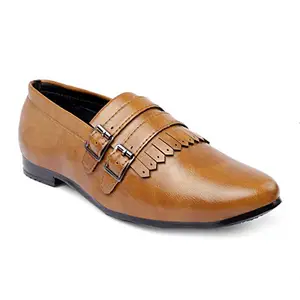 Global Rich Men's Stylish Latest Faux Leather Office Wear Buckle Moccasin Formal Slip-on Shoes Dress Shoe Slip-on Formal Footwear (tan, Numeric_10)