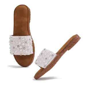 Froh Feet Women & Girls Embllished Pearl Slide Flats Sandal Stylish Slippers for Daily Use Festival & Casualwear