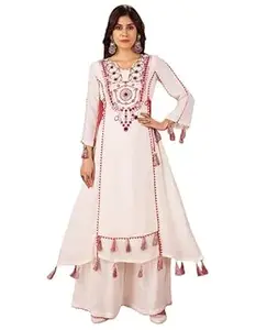 Fashleeva Elegant White Embroidered Kurta Set with Tassel Detailing Festive & Ethnic Wear for Women
