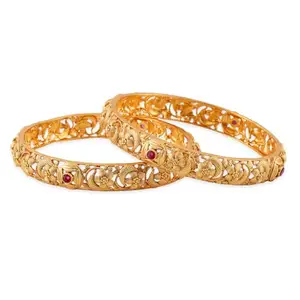 Rubans Set of 2, 22K Gold-Plated Ruby Pink Stone & Floral Design Traditional Bangles