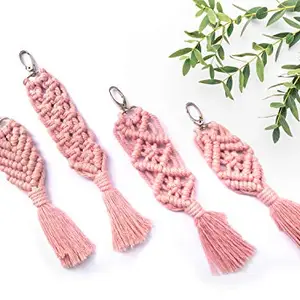 ROYALMACRAME Handcrafted Mini Macrame Boho Bag Charms Keychains with Tassels for Car Accessory Purse Phone Supplies (Light Pink) - 4 Pieces