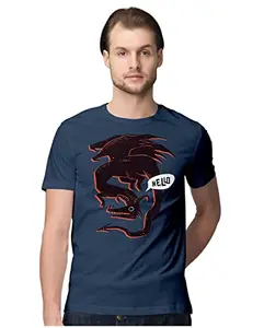 ALLEN BLACK Men's Regular Fit T-Shirt Hello - Mythical Dragon 100% Cotton T-Shirt Navy Blue_HELLODRMEN-Navy Blue 2XL Men Round_