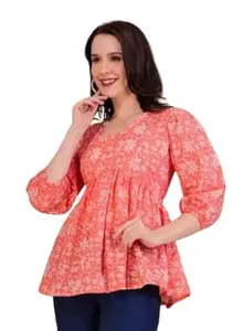 Women’s Floral Print Short Viscose Rayon Kurti for Girls | Regular Wear Flared Tunic Top 3/4 Sleeves V-Neck Top for Women | Short Kurtis for Women