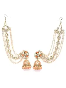 Karatcart Gold Plated Peach Meena and Beads Floral Kundan Kaanchain Jhumki Earring for Women