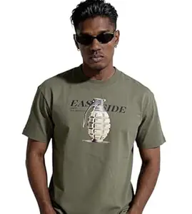 RINO7 Men’s Premium 240 GSM Heavyweight 100% Cotton East Side Graphic Printed T Shirt | Regular Fit Round Neck Casual Streetwear Luxury Fit Trendy & Stylish Tee for Men