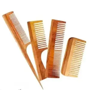Wide-Tooth Hair Combs Set, 4-Pack, Wooden Design