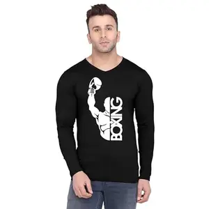 Original Way Men Cotton Full Sleeve V Neck Stylish Mens Casual Wear Boxing Boxer Sports Creative Graphics Printed Printed T Shirt FSVN-3567-M Black