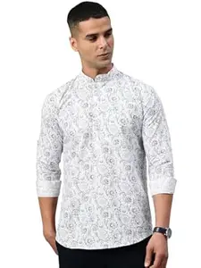 Majestic Man Men's Pure Cotton Printed Mandarin Collar Slim Fit Roll-Up Sleeves Short Kurta