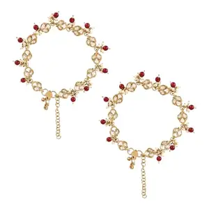 I Jewels Traditional Gold Plated Adjustable Kundan Pearl Payal Anklets Jewellery for Women (Maroon)
