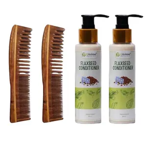 G Krishna Naturals Hair Brushes Wooden Neem Comb & Flaxseed Conditioner for Women & Men | Durable Long Lasting Wood Kangi and Hair Conditioner for Natural Hair Growth (Pack of 2 Each)(GKNFPC2-03)