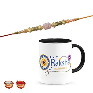 Manonita Rakhi Gift for Brother, bhaiya bhabhi, Gift Set (Rakshabandhan Mug, Roli,Chawal) BLACKMUG-3-BE