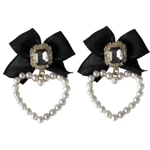 Fashion Frill Black Ribbon Bow Heart Pearl Earrings for Women & Girls - Valentine's Day Gift