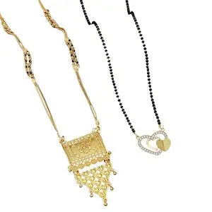 Mangalsutra Combo Set, Traditional Gold-Plated Pendant with Heart Design Black Beaded Chain Necklaces, 2 Pieces