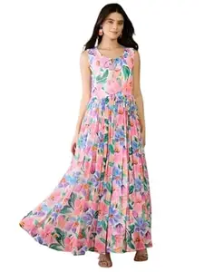 Naixa Women's Georgette Printed Flared Dress with Soft Cotton Lining - Stylish Sleeveless Tie-Up Neck Style for Women (NX-WD44)