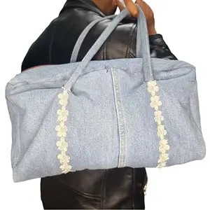 Denim Duffle Bag with Floral Lace Trim, Light Blue Jeans Fabric, Handmade Women's Handbag