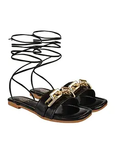 Stylestry Front Chain Detailed Black Flat Sandals For Women & Girls/UK3
