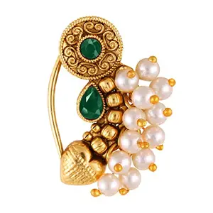 Vivastri Premium Gold Plated Nath Collection With Beautiful & Luxurious Green Diamond Pearl Studded Maharashtraian Nath For Women & Girls-VIVA1174NTH-Press-Green