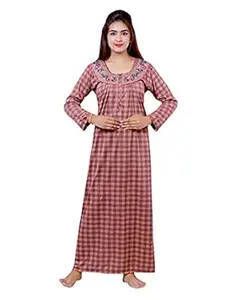 ANGLINA Women's Hosiery Cotton Embroided All Over Printed Multipurpose Night Dress, Nighty, Maxi, Gown (Article No:K-970) Brown