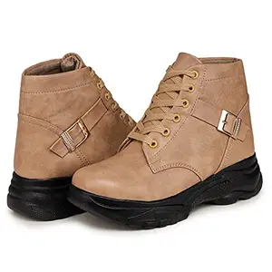 BOOTCO Shoes for Women High Ankle Flat Heel Boot Shoes for Girls with Buckle Beige