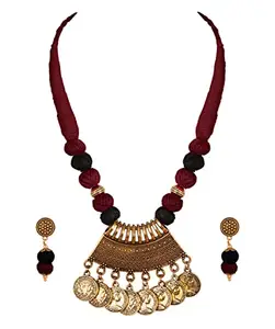 JFL - Jewellery for Less Women's Latest Gold German Silver Oxidized Beads with Red Cotton Adjustable Thread Choker Necklace Set (Maroon, Black),Valentine