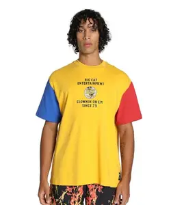 Puma Men's Printed Regular Fit T-Shirt (624749_Yellow Sizzle-Electric Blue Lemonade-for All Time Red
