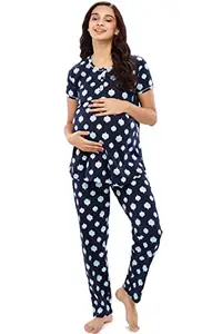 ZEYO Women's Cotton Leaf Printed Navy Blue Maternity & Feeding Night Suit Set of Top & Pyjama Nursing Night Dress 5628
