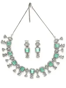 Karatcart Silver Plated Light Green Square Shape American Diamond Necklace Set