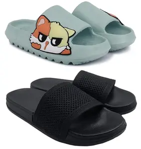 Pampy Angel Combo Pack of 2 Slipper/Flip Flops/Slides for Women,(Pika-Green,Fly-Plain-Black),40 (Euro)