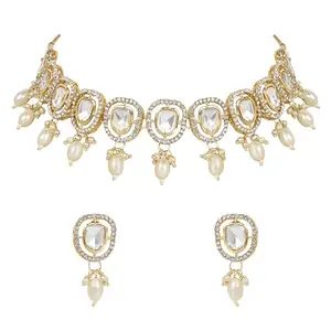 I Jewels Gold Plated Artificial Stone Kundan Pearl Chocker Necklace Jewellery With Earrings Set For Wome/Girls (IJ383W)