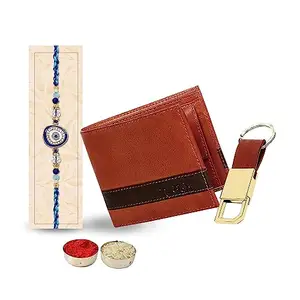 Relish Raksha Bandhan Combo - Brown Leather Wallet with Metal Keychain| Rakhi Gift Hamper for Brother