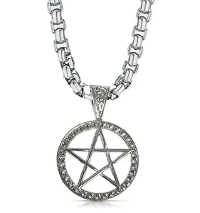 National Unisex Silver Color Stainless Steel Seal of Solomon Pentagram Pantacle Wicca Magical Star Satanism Amulet Design Artificial Locket Pendant Necklace With Box Chain